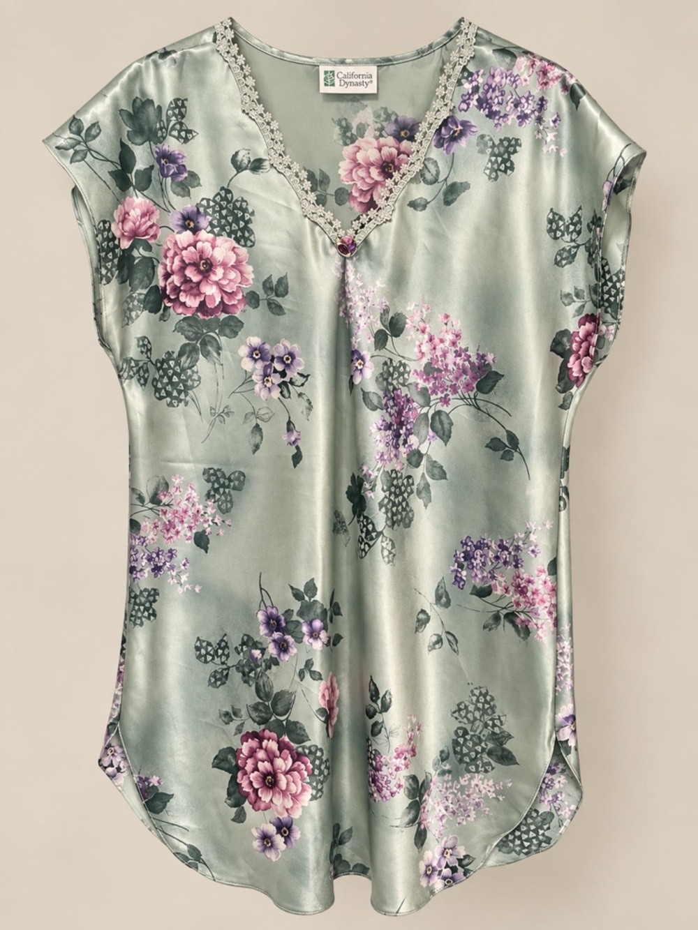Vintage California Dynasty Mint Green Floral Satin V-Neck Nightdress M